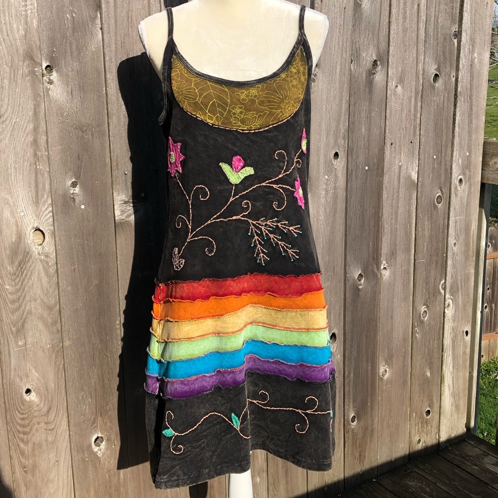 Tank Top Dress Black Rainbow Embroidered XXL